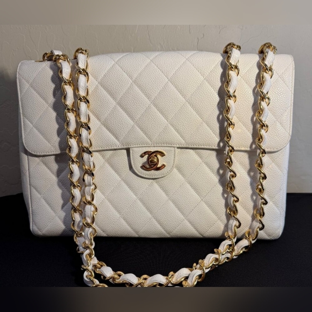 Chanel vintage white caviar jumbo single flap with gold hardwear